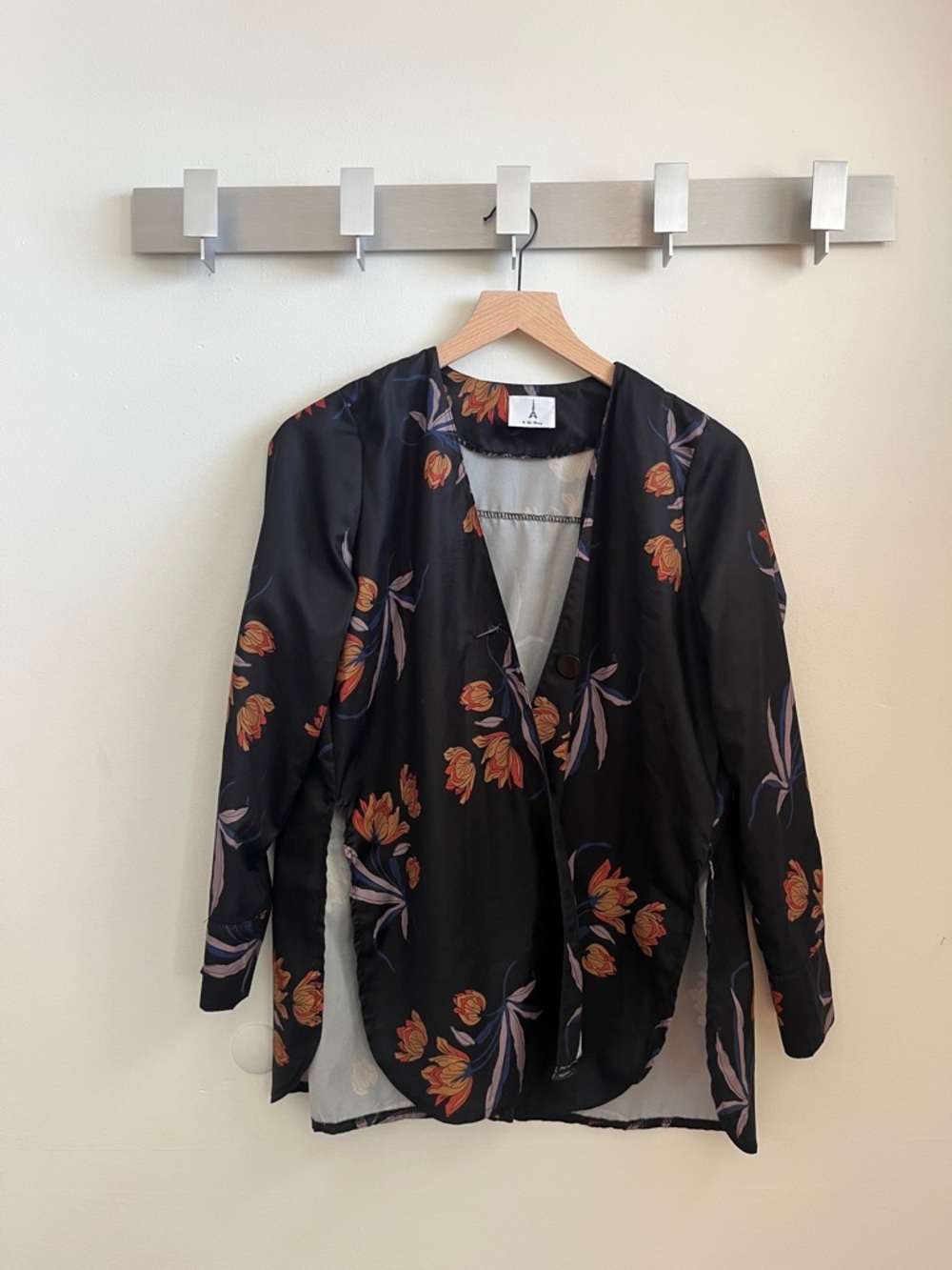 Black Floral Open-Front Tunic Top with Orange Accents